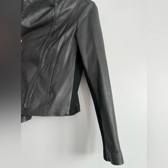 Vince Scuba Leather & Stretch Wool Panel Black Motto Jacket Womens L 8 - Picture 11 of 17